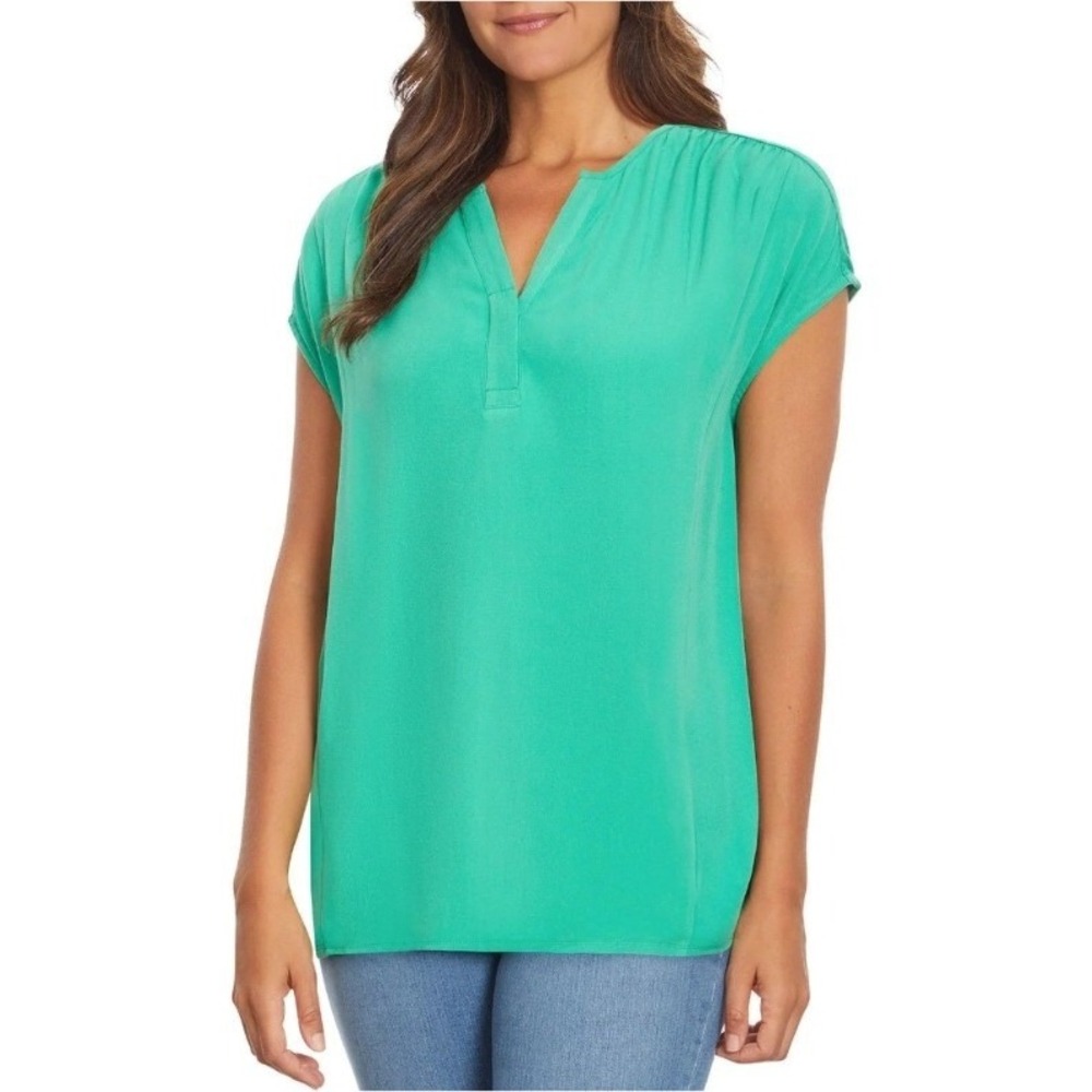 Nine West Jeans Green V-Neck Short Sleeve Blouse Top Relaxed Fit XXL NWT